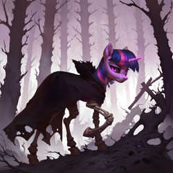 Size: 2048x2048 | Tagged: safe, ai content, derpibooru import, generator:pony diffusion v6 xl, generator:stable diffusion, machine learning generated, twilight sparkle, unicorn twilight, monster pony, pony, undead, unicorn, g4, black sclera, bone, cloak, clothes, dark forest, female, forest, horn, magic, mare, nature, necromancer, night, nightmare night, prompter:star-dragon, skeleton, skull, slit eyes, solo, tree