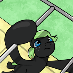 Size: 1000x1000 | Tagged: safe, artist:wren, derpibooru import, oc, oc only, oc:fanonlilly, pony, concentrating, female, freckles, grass, mare, parallel bars, playground, sand, swinging