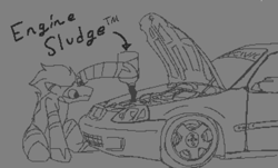 Size: 1103x668 | Tagged: safe, artist:cole_does_arts, artist:kangatooth, derpibooru import, oc, oc:cole, earth pony, pony, car, detailed, engine, honda, honda civic, monochrome, sedan, sitting, sketch, solo, text, trademark, wheel, zipp civic