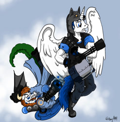 Size: 889x899 | Tagged: safe, artist:witkacy1994, derpibooru import, oc, oc only, alicorn, draconequus, flying, gun, weapon