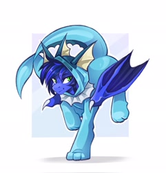 Size: 1973x2048 | Tagged: safe, artist:buvanybu, derpibooru import, oc, oc only, oc:guard cobalt flash, bat pony, bat pony oc, clothes, commission, costume, male, pokémon, smiling, solo, vaporeon, ych result