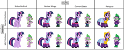 Size: 5512x2240 | Tagged: safe, artist:star153, derpibooru import, spike, twilight sparkle, twilight sparkle (alicorn), alicorn, dragon, unicorn, g4, artwork, blue, boots, clothes, coat, duo, duo male and female, ears, female, green, hair, hood, hoodie, hooves, horn, male, mohawk, ms paint, purple, rain boots, raincoat, shoes, teeth, transparent, winged spike, wingless spike, wings, yellow