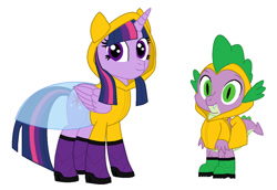 Size: 1078x742 | Tagged: safe, artist:star153, derpibooru import, spike, twilight sparkle, twilight sparkle (alicorn), alicorn, dragon, pony, g4, boots, clothes, duo, duo male and female, ears, female, hood, horn, male, mohawk, rain boots, raincoat, rubber, rubber boots, shoes, tail, transparent, winged spike, wingless spike, wings