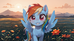 Size: 2720x1528 | Tagged: safe, ai content, derpibooru import, machine learning generated, rainbow dash, pegasus, pony, g4, cloud, female, flower, high res, looking at you, mare, prompter:bluetoothworld, sky, smiling, smiling at you, solo, spread wings, wallpaper, wings