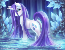 Size: 2786x2153 | Tagged: safe, artist:amelie-ami-chan, derpibooru import, rarity, pony, unicorn, g4, butt, crystal, female, hair over one eye, horn, looking at you, mare, plot, solo, water, wet, wet mane, wet mane rarity