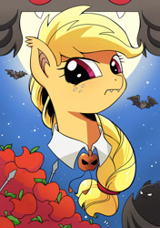 Size: 1204x1712 | Tagged: safe, artist:yukandasama, derpibooru import, applejack, bat, bat pony, pony, g4, night of the living apples, spoiler:comic, apple, applebat, bat ponified, braid, female, food, friendship is magic #33, looking at you, mare, race swap, solo