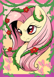 Size: 1204x1712 | Tagged: safe, artist:yukandasama, derpibooru import, fluttershy, pony, g4, ponies of dark water, badass, bust, evil fluttershy, female, flutterbadass, looking away, mare, obtrusive watermark, poison ivyshy, portrait, solo, vine, watermark