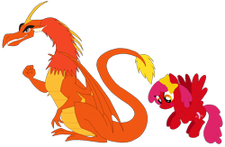 Size: 1116x728 | Tagged: safe, artist:meghan12345, derpibooru import, dragon, pegasus, pony, g4, angry birds, bow, duo, duo male and female, female, hair bow, male, mare, mighty dragon, ponified, ruby (angry birds), simple background, smiling, species swap, spread wings, transparent background, wings