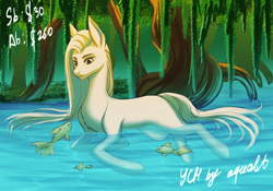 Size: 5000x3500 | Tagged: safe, artist:aqualit, derpibooru import, alicorn, earth pony, fish, pegasus, pony, unicorn, commission, horn, pond, solo, water, your character here