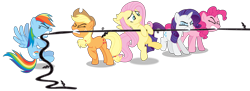 Size: 8254x3000 | Tagged: safe, artist:masem, derpibooru import, applejack, fluttershy, pinkie pie, rainbow dash, rarity, earth pony, pegasus, unicorn, g4, princess twilight sparkle (episode), black vine, horn, pulling, simple background, transparent background