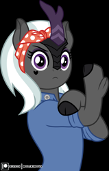 Size: 3173x5000 | Tagged: safe, artist:clubvixen, derpibooru import, oc, oc only, oc:jinx von steinmare, kirin, black background, rosie the riveter, simple background, solo