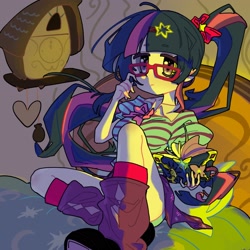 Size: 2048x2048 | Tagged: safe, artist:uu, derpibooru import, twilight sparkle, human, bed, book, bow, breasts, cel shading, clock, clothes, collared shirt, cuckoo clock, glasses, golden oaks library, hair bow, hairpin, heart, holding, humanized, kneesocks, lighting, pillow, ponytail, shading, shirt, shoes, socks, solo, thin