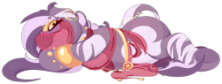 Size: 1512x572 | Tagged: safe, artist:rhythmpixel, derpibooru import, oc, oc only, oc:nura sahar, zebra, bangles, belly, belly dancer outfit, ear piercing, earring, female, jewelry, looking at you, lying down, mare, on side, piercing, simple background, solo, tail, tail piercing, transparent background, veil