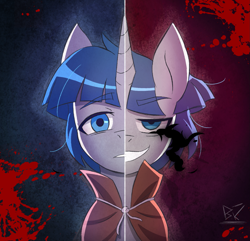 Size: 1689x1625 | Tagged: safe, artist:bkiltersot, derpibooru import, stygian, pony, unicorn, g4, blood, bust, duality, front view, grin, higurashi no naku koro ni, horn, male, smiling, solo, split personality, split screen, stallion, two sides