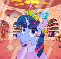 Size: 2037x1959 | Tagged: safe, artist:al solae, derpibooru import, twilight sparkle, oc, oc:flawless sparklemoon, unicorn, g4, big crown thingy, element of magic, fusion, fusion:trixie, fusion:twilight sparkle, fusion:twixie, golden oaks library, horn, jewelry, mirror, my little pony the movie: the death of twilight sparkle, regalia