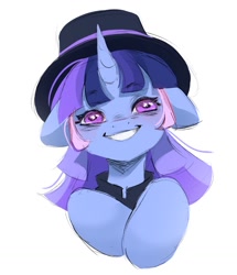 Size: 874x1014 | Tagged: safe, artist:melodylibris, derpibooru import, oc, oc:flawless sparklemoon, pony, unicorn, bust, ears, female, floppy ears, fusion, fusion:trixie, fusion:twilight sparkle, fusion:twixie, grin, hat, horn, looking at you, mare, my little pony the movie: the death of twilight sparkle, simple background, smiling, smiling at you, solo, starry eyes, top hat, white background, wingding eyes