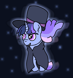 Size: 1800x1920 | Tagged: safe, derpibooru import, oc, oc:flawless sparklemoon, unicorn, cape, clothes, cylinder hat, floating, frown, fusion, fusion:trixie, fusion:twilight sparkle, fusion:twixie, glowing, hat, horn, my little pony the movie: the death of twilight sparkle, night, night sky, simple background, sky, smug, space, top hat, wavy mane