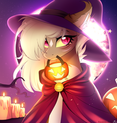 Size: 4087x4307 | Tagged: safe, artist:2pandita, derpibooru import, oc, oc only, oc:schwin, bat pony, pony, bat pony oc, candle, female, hat, mare, moon, mouth hold, night, pumpkin bucket, solo, witch hat