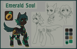 Size: 2330x1477 | Tagged: safe, artist:koviry, derpibooru import, oc, oc only, oc:emerald soul, earth pony, pony, 2018, armor, bald, brown coat, color palette, colored, colored pinnae, colored pupils, colored sclera, concave belly, ears, earth pony oc, flat colors, floppy ears, gray sclera, green eyes, green mane, green pupils, green tail, green text, hatching (technique), headpiece, leg armor, looking at you, looking away, male, male oc, multiple angles, old art, profile, raised hoof, raised leg, reference sheet, short mane, solo, stallion, stallion oc, standing, standing on three hooves, tail, thin, three quarter view