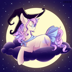 Size: 2000x2000 | Tagged: safe, artist:erein, derpibooru import, oc, oc only, oc:dreamfaith, pony, unicorn, beautiful, bow, clothes, cloud, commission, cute, digital art, ears up, eyelashes, eyes closed, feather, female, glasses, gradient background, hat, horn, lying down, mare, moonlight, multicolored mane, night, pink mane, sky, solo, starry background, stars, tail, unicorn oc, wings, witch hat, ych result