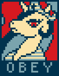 Size: 850x1100 | Tagged: safe, derpibooru import, princess celestia, alicorn, g4, brony history, bust, crown, digital art, female, hope poster, inspired by another artist, jewelry, limited palette, minimalist, mlp fim's fourteenth anniversary, obey, peytral, pixel art, portrait, poster, regalia, shepard fairey, solo