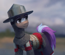 Size: 1779x1500 | Tagged: safe, artist:koviry, derpibooru import, oc, oc only, oc:pronoiar glimmer, earth pony, pony, armor, blurry background, brown coat, brown eyes, bust, chainmail, cheek fluff, clothes, coat markings, colored, commission, earth pony oc, eyelashes, facial markings, female, helmet, kettle hat, looking away, mare, outdoors, portrait, shiny eyes, skirt, smiling, snip (coat marking), solo, standing, tail, two toned tail