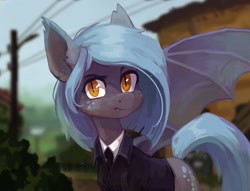 Size: 1814x1389 | Tagged: safe, artist:koviry, derpibooru import, oc, oc only, oc:little mine, bat pony, pony, 2020, bat pony oc, blue mane, blue tail, blurry background, clothes, colored pinnae, ear fluff, ear tufts, ears, eyebrows, fangs, freckles, gray coat, looking away, old art, orange eyes, outdoors, raised eyebrow, slit eyes, smiling, solo, spread wings, standing, straight mane, suit, tail, three quarter view, tuxedo, wings