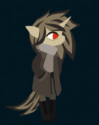 Size: 1026x1301 | Tagged: safe, artist:koviry, derpibooru import, oc, oc only, oc:sandy vain, anthro, unicorn, bags under eyes, boots, clothes, coat, cream coat, hand in pocket, horn, lineless, night in the woods, no catchlights, no pupils, pale coat, profile, red eyes, scarf, shoes, solo, style emulation, tail, textured background, two toned mane, two toned tail, unicorn horn, unicorn oc