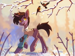 Size: 1949x1454 | Tagged: safe, artist:koviry, derpibooru import, oc, oc only, oc:kara, bird, pony, unicorn, 2020, bipedal, blank flank, blurry background, brown mane, brown tail, butt fluff, clothes, ear fluff, ears, horn, leg fluff, old art, open mouth, open smile, orange eyes, outdoors, raised hoof, raised leg, red coat, robin (bird), smiling, snow, solo, sweater, tail, thin, three quarter view, unicorn horn, unicorn oc, walking, winter