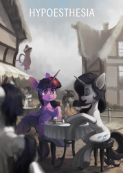 Size: 1731x2417 | Tagged: safe, artist:koviry, derpibooru import, bon bon, octavia melody, rarity, sweetie drops, twilight sparkle, twilight sparkle (alicorn), alicorn, pony, fanfic:hypoesthesia, g4, bangs, big ears, chair, colored underhoof, commission, concave belly, desaturated, detailed background, ears, eating, fanfic, fanfic art, fanfic cover, feathered wings, female, food, frown, horn, lesbian, limited palette, long horn, mare, outdoors, partially open wings, ponyville, rarilight, sandwich, shipping, sitting, slender, solo focus, thin, underhoof, unicorn horn, white text, wings, worried