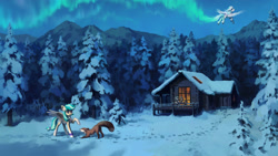 Size: 3200x1800 | Tagged: safe, artist:koviry, derpibooru import, part of a set, oc, oc only, oc:summer ray, fox, pegasus, pony, unicorn, aurora borealis, aurora trail, bandage, bandaged leg, blue mane, blue tail, bow, cabin, chest fluff, clothes, coat markings, colored belly, colored ear fluff, colored hooves, colored wings, colored wingtips, commission, commissioner:lucky ray, concave belly, cream coat, detailed background, digital painting, duo focus, ear fluff, ears, flight trail, flying, footprint, freckles, glasses, gray hooves, green mane, green tail, group, hoof hold, hooves, horn, jewelry, lidded eyes, log cabin, looking at someone, looking down, mountain, mountain range, mug, necklace, night, oc name needed, pale belly, partially open wings, pine tree, purple bow, purple eyes, round glasses, scarf, scenery, scenery porn, sitting, smiling, snow, socks (coat marking), spread wings, spruce tree, standing, tail, tail bow, teal mane, teal tail, thin legs, tied tail, tree, two toned mane, two toned tail, two toned wings, underhoof, unicorn oc, white coat, wings, winter, yellow coat