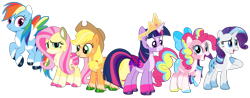 Size: 1829x716 | Tagged: safe, artist:noi kincade, derpibooru import, applejack, fluttershy, pinkie pie, rainbow dash, rarity, twilight sparkle, twilight sparkle (alicorn), alicorn, earth pony, pegasus, unicorn, g4, alternate design, female, horn, mane six, simple background, transparent background