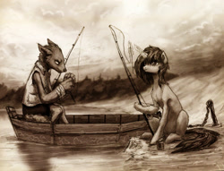 Size: 2361x1805 | Tagged: safe, artist:koviry, derpibooru import, oc, oc only, oc:sandy vain, diamond dog, pony, unicorn, belly, boat, duo, fishing, fishing rod, glowing, glowing horn, horn, lake, leg hold, sitting, skinny, thin, water