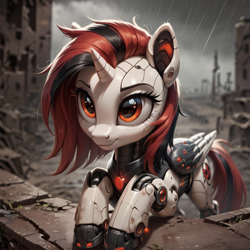 Size: 1024x1024 | Tagged: safe, ai content, derpibooru import, generator:pony diffusion v6 xl, generator:stable diffusion, machine learning generated, oc, oc only, oc:blackjack, alicorn, cyborg, robot, fallout equestria, fallout equestria: project horizons, cybernetic legs, fanfic art, female, mare, prompter:teonanakatle, roboticization, solo