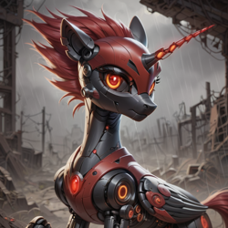 Size: 1024x1024 | Tagged: safe, ai content, derpibooru import, machine learning generated, alicorn, robot, folded wings, prompter:teonanakatle, roboticization, slender, solo, thin, wasteland, wings