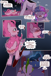 Size: 960x1440 | Tagged: safe, alternate version, artist:cold-blooded-twilight, derpibooru import, pinkie pie, spike, twilight sparkle, dragon, comic:cold storm, alternate design, blushing, cold blooded twilight, comic, crying, dialogue, pinkie sense, running, speech bubble