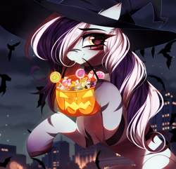 Size: 5865x5645 | Tagged: safe, artist:krissstudios, derpibooru import, oc, oc only, oc:purapoint, earth pony, pony, candy, cute, earth pony oc, food, halloween, hat, holiday, pony oc, pumpkin bucket, solo, striped mane, witch hat