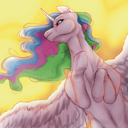 Size: 1666x1666 | Tagged: safe, artist:thelesters, derpibooru import, princess celestia, alicorn, pony, female, mare, solo, spread wings, windswept mane, wings