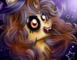 Size: 920x720 | Tagged: safe, artist:mashee, derpibooru import, oc, pony, unicorn, bad teeth, black eyeshadow, black sclera, brown mane, cheerful, chest fluff, clothes, costume, curly hair, demon eyes, eyeshadow, female, halloween, halloween costume, hat, holiday, horn, long hair, looking at you, makeup, moonlight, night, night background, nightmare night, open mouth, original style, ponysona, simple background, smiling, solo, stars, titan luz, vampire teeth, witch, witch hat, yellow coat