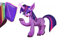 Size: 2000x1333 | Tagged: safe, artist:winpuss, derpibooru import, twilight sparkle, unicorn twilight, pony, unicorn, g4, book, female, magic, mare, simple background, solo, telekinesis, white background