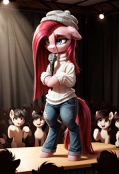 Size: 800x1169 | Tagged: safe, ai content, derpibooru import, generator:pony diffusion v6 xl, generator:stable diffusion, machine learning generated, pinkie pie, pony, semi-anthro, g4, 8 mile, bipedal, clothes, crowd, denim, eminem, female, hat, jeans, mare, microphone, pants, pinkamena diane pie, prompter:gregorymars, rap battle, rapper pie, solo, stage, standing, sweater, tired