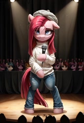 Size: 800x1169 | Tagged: safe, ai content, derpibooru import, generator:pony diffusion v6 xl, generator:stable diffusion, machine learning generated, pinkie pie, pony, semi-anthro, g4, 8 mile, bipedal, clothes, crowd, denim, eminem, female, hat, jeans, mare, microphone, pants, pinkamena diane pie, prompter:gregorymars, rap battle, rapper pie, solo, stage, standing, sweater, tired