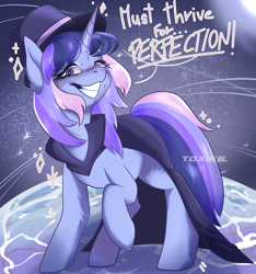 Size: 3849x4105 | Tagged: safe, artist:toxikil, derpibooru import, oc, oc only, oc:flawless sparklemoon, pony, unicorn, abstract background, cloak, clothes, fusion, fusion:trixie, fusion:twilight sparkle, fusion:twixie, hat, horn, looking at you, magician outfit, my little pony the movie: the death of twilight sparkle, raised hoof, raised leg, solo, sweat