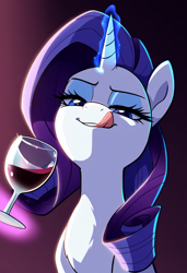 Size: 832x1216 | Tagged: safe, ai content, anonymous artist, derpibooru import, machine learning generated, rarity, pony, alcohol, anonymous prompter, female, glass, glowing, glowing horn, horn, licking, licking lips, lidded eyes, lighting, looking at you, magic, mare, simple background, solo, telekinesis, tongue, tongue out, wine