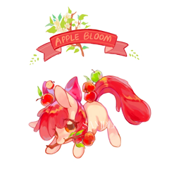 Size: 1000x1000 | Tagged: safe, artist:我有空就睡觉, derpibooru import, apple bloom, earth pony, pony, apple, balancing, banner, bow, female, filly, foal, food, full body, green apple, hair bow, leaf, mouth hold, ribbon, sample, simple background, smiling, solo, text, tree branch, white background