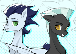 Size: 3500x2500 | Tagged: safe, artist:noz, derpibooru import, soarin', thunderlane, pegasus, pony, duo, duo male, grin, heart, looking at you, male, patterned background, smiling, sparkles, stallion, upper body, zoom layer