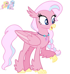 Size: 855x913 | Tagged: safe, artist:royalswirls, derpibooru import, fluttershy, silverstream, oc, classical hippogriff, hippogriff, pegasus, pony, g4, base used, folded wings, hippogriff oc, interspecies offspring, jewelry, magical lesbian spawn, necklace, offspring, open mouth, open smile, parent:fluttershy, parent:silverstream, parents:flutterstream, simple background, smiling, unnamed oc, white background, wings