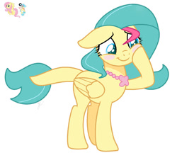 Size: 900x776 | Tagged: safe, artist:royalswirls, derpibooru import, fluttershy, princess skystar, oc, pegasus, pony, seapony (g4), g4, base used, blushing, folded wings, hoof on cheek, interspecies offspring, jewelry, magical lesbian spawn, necklace, offspring, parent:fluttershy, parent:princess skystar, pegasus oc, simple background, unnamed oc, white background, wings