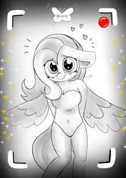 Size: 1240x1754 | Tagged: safe, derpibooru import, fluttershy, human, pegasus, pony, adorable face, adorasexy, big eyes, blushing, clothes, cute, ears back, heart, heart eyes, humanized, long hair, looking at you, model, modelshy, monochrome, photography, picture frame, ponified, record, sexy, shyabetes, simple background, smiley face, species swap, spread wings, stars, swimsuit, wingding eyes, wings, wings down