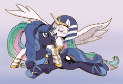 Size: 1843x1252 | Tagged: safe, artist:yukandasama, derpibooru import, idw, princess celestia, princess luna, alicorn, pony, g4, reflections, spoiler:comic, alternate hairstyle, alternate universe, artemis luna, egypt, egyptian, egyptian headdress, egyptian pony, eyes closed, female, mare, mirror universe, ra celestia